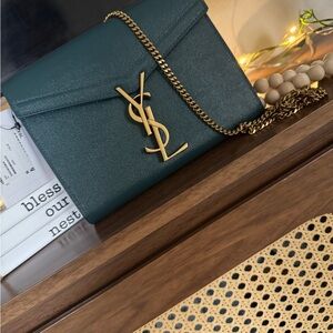 Yves Saint Laurent Dark Green Clutch with Gold Chain